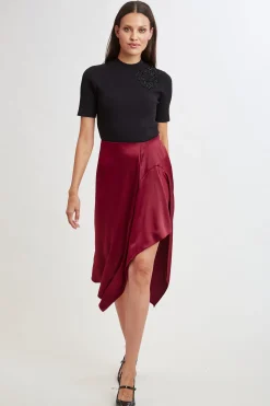 Elie Tahari Bottoms-Asymmetric Hem Satin Midi Skirt SANGRIA