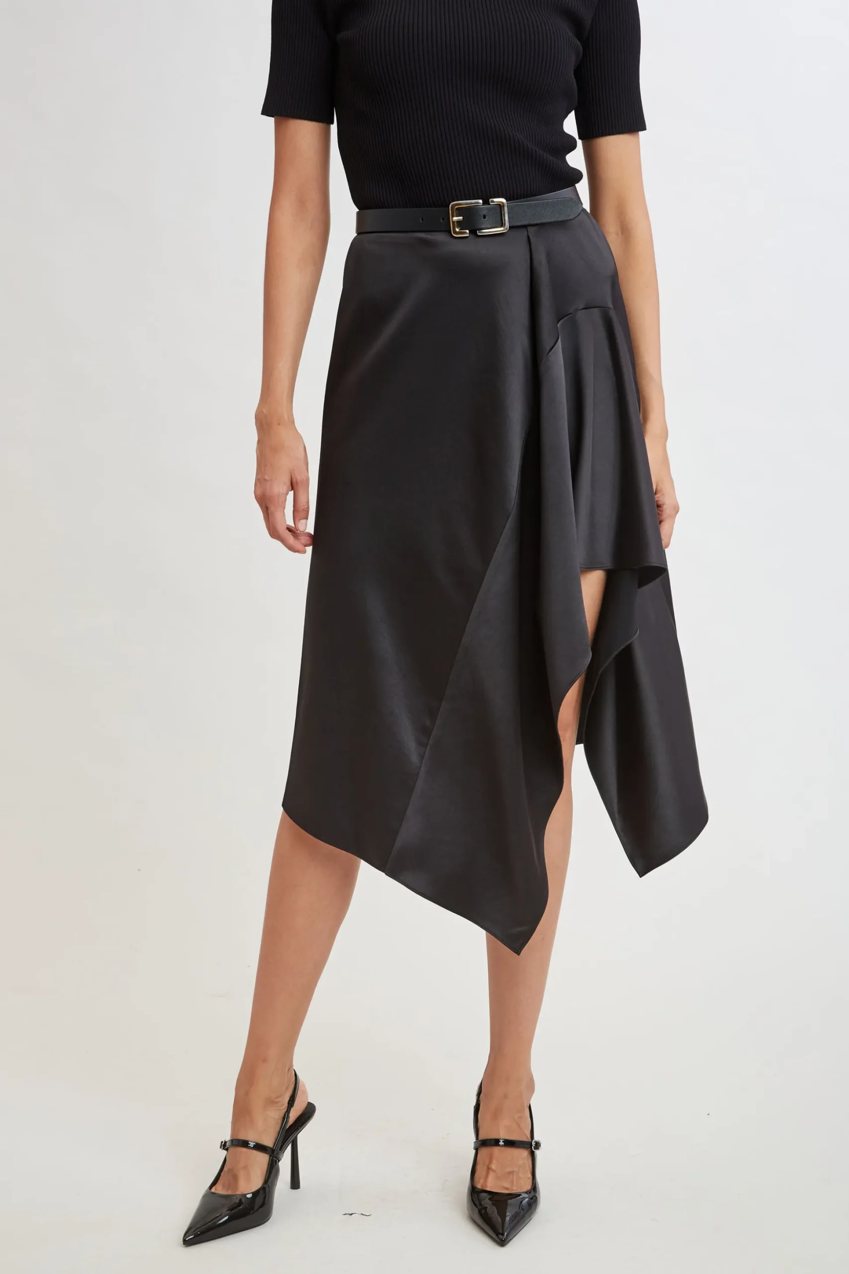 Elie Tahari Bottoms-Asymmetric Hem Satin Midi Skirt BLACK