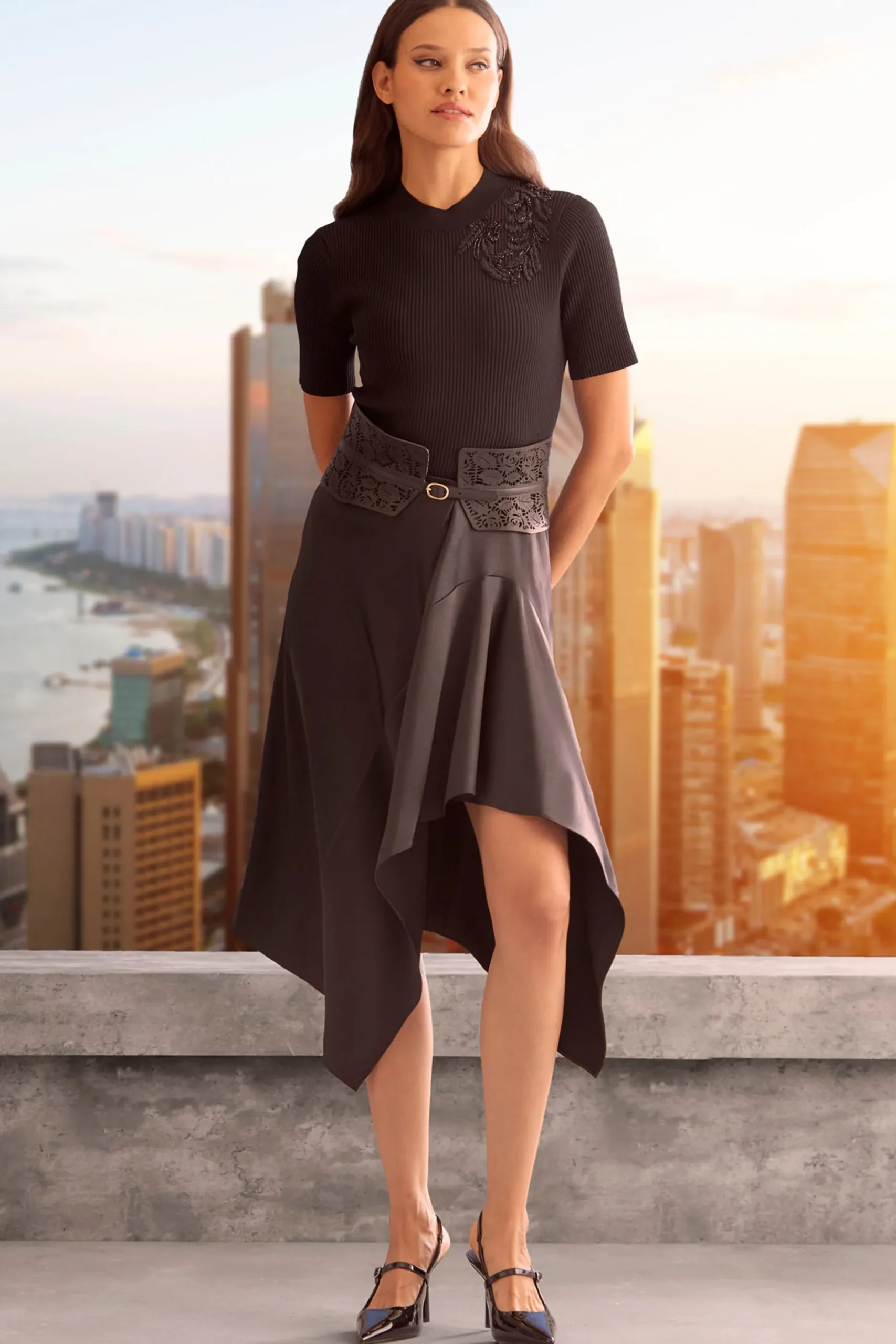 Elie Tahari Bottoms-Asymmetric Hem Satin Midi Skirt BLACK