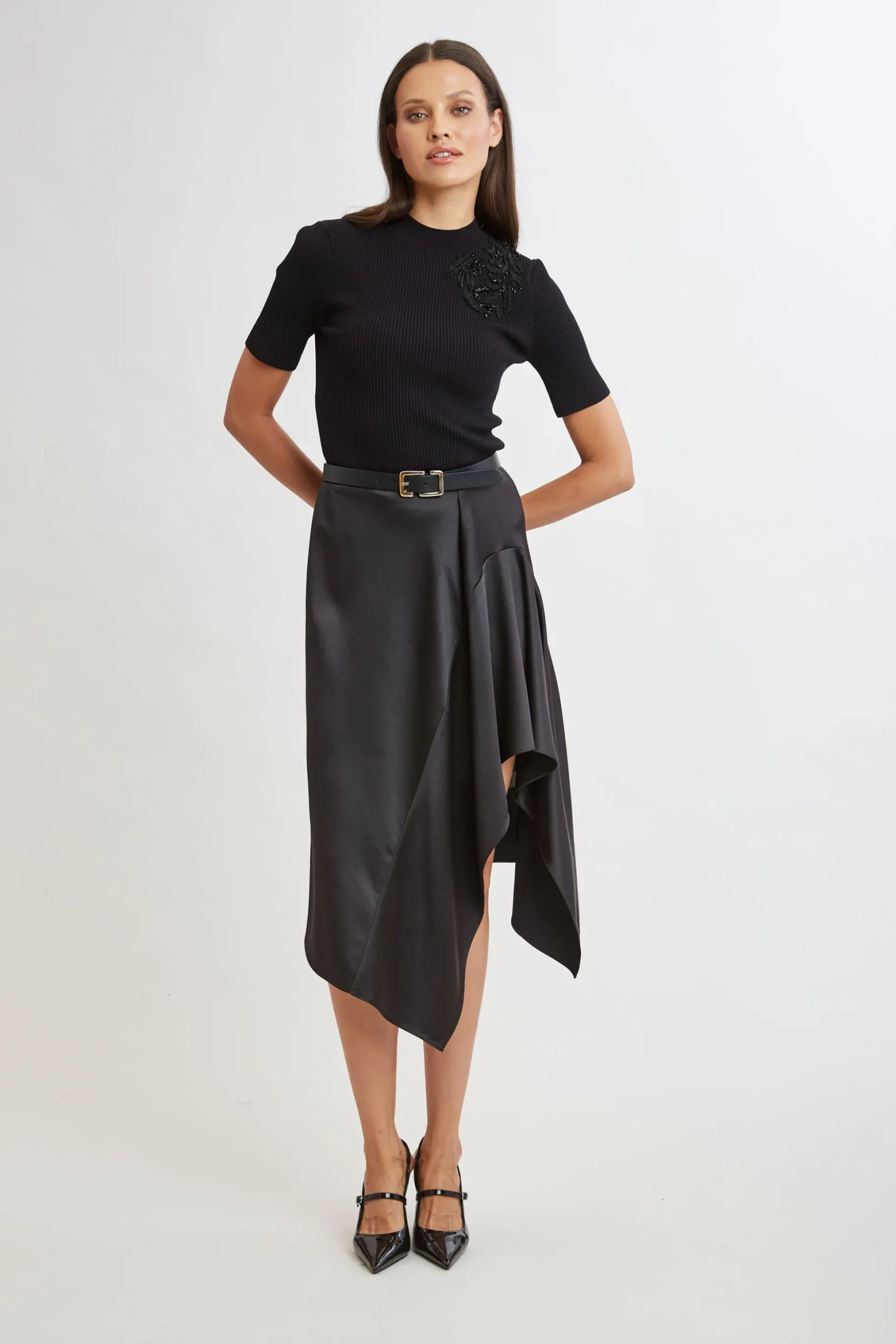Elie Tahari Bottoms-Asymmetric Hem Satin Midi Skirt BLACK