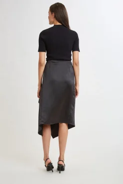 Elie Tahari Bottoms-Asymmetric Hem Satin Midi Skirt BLACK