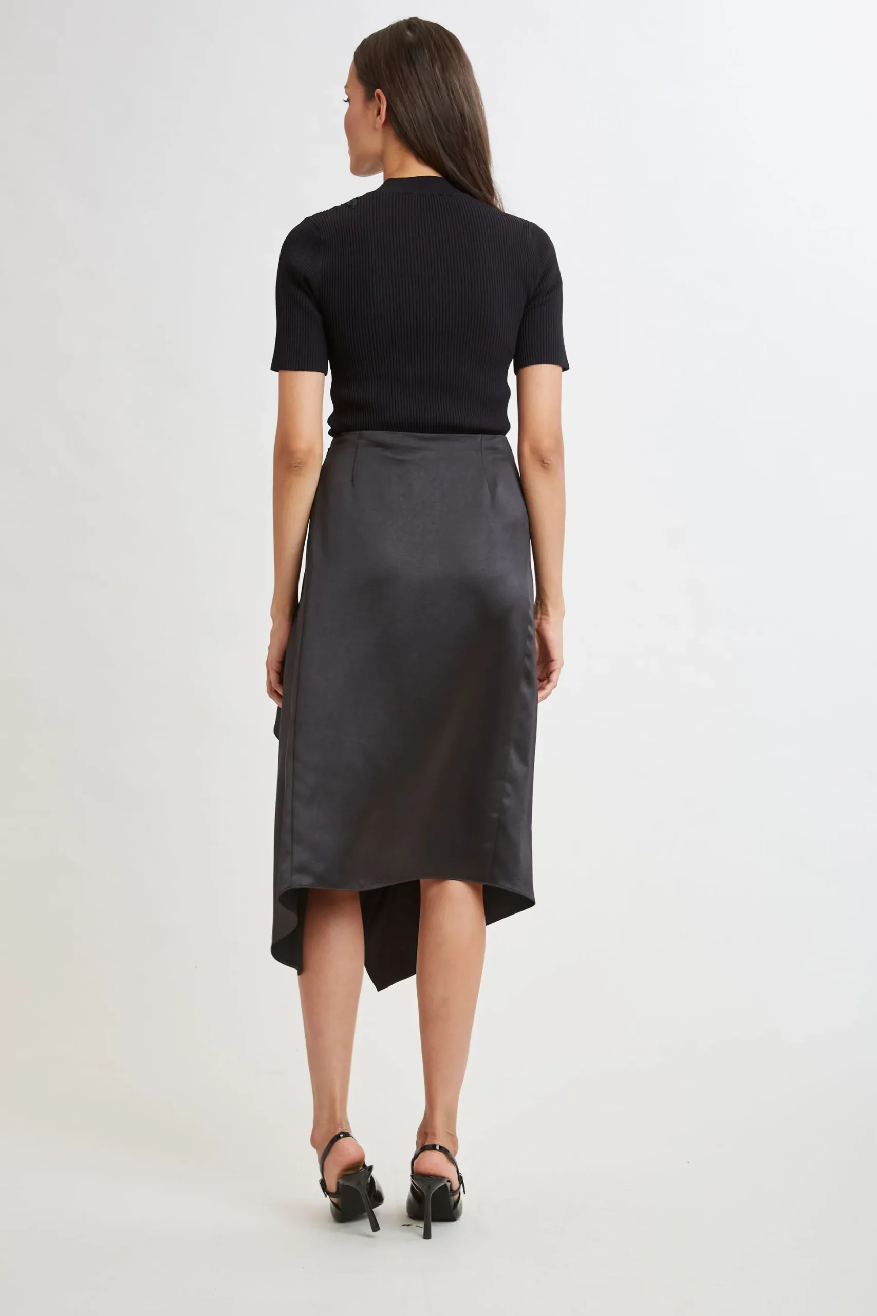 Elie Tahari Bottoms-Asymmetric Hem Satin Midi Skirt BLACK