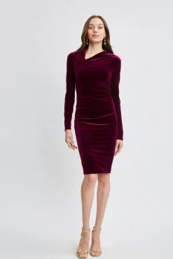 Elie Tahari Dresses & Jumpsuits|Suiting-Asymmetric Ruched Velvet Dress BURGUNDY