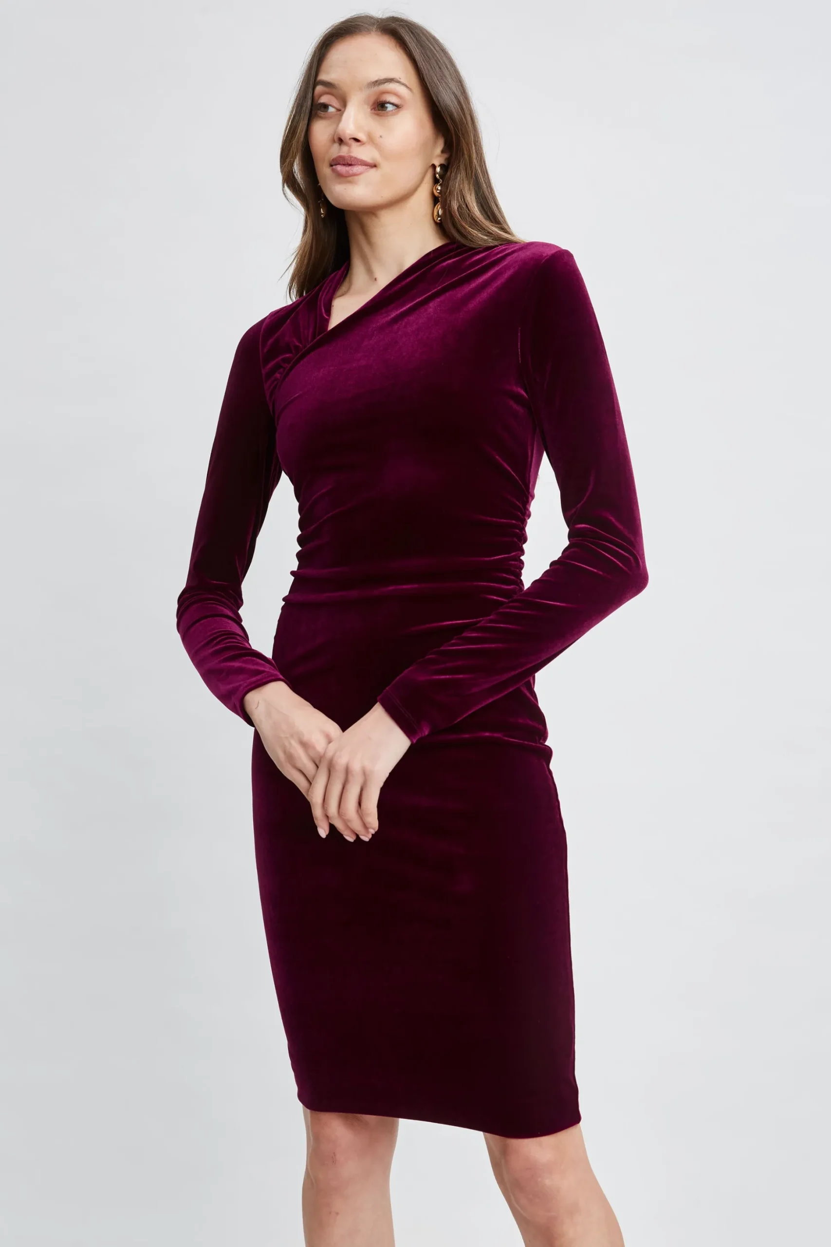 Elie Tahari Dresses & Jumpsuits|Suiting-Asymmetric Ruched Velvet Dress BURGUNDY