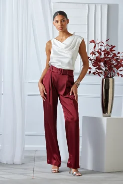 Elie Tahari Bottoms-Belted Satin Pleated Pant SANGRIA