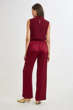 Elie Tahari Bottoms-Belted Satin Pleated Pant SANGRIA
