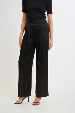 Elie Tahari Bottoms-Belted Satin Pleated Pant BLACK