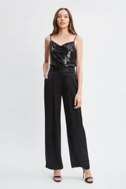Elie Tahari Bottoms-Belted Satin Pleated Pant BLACK