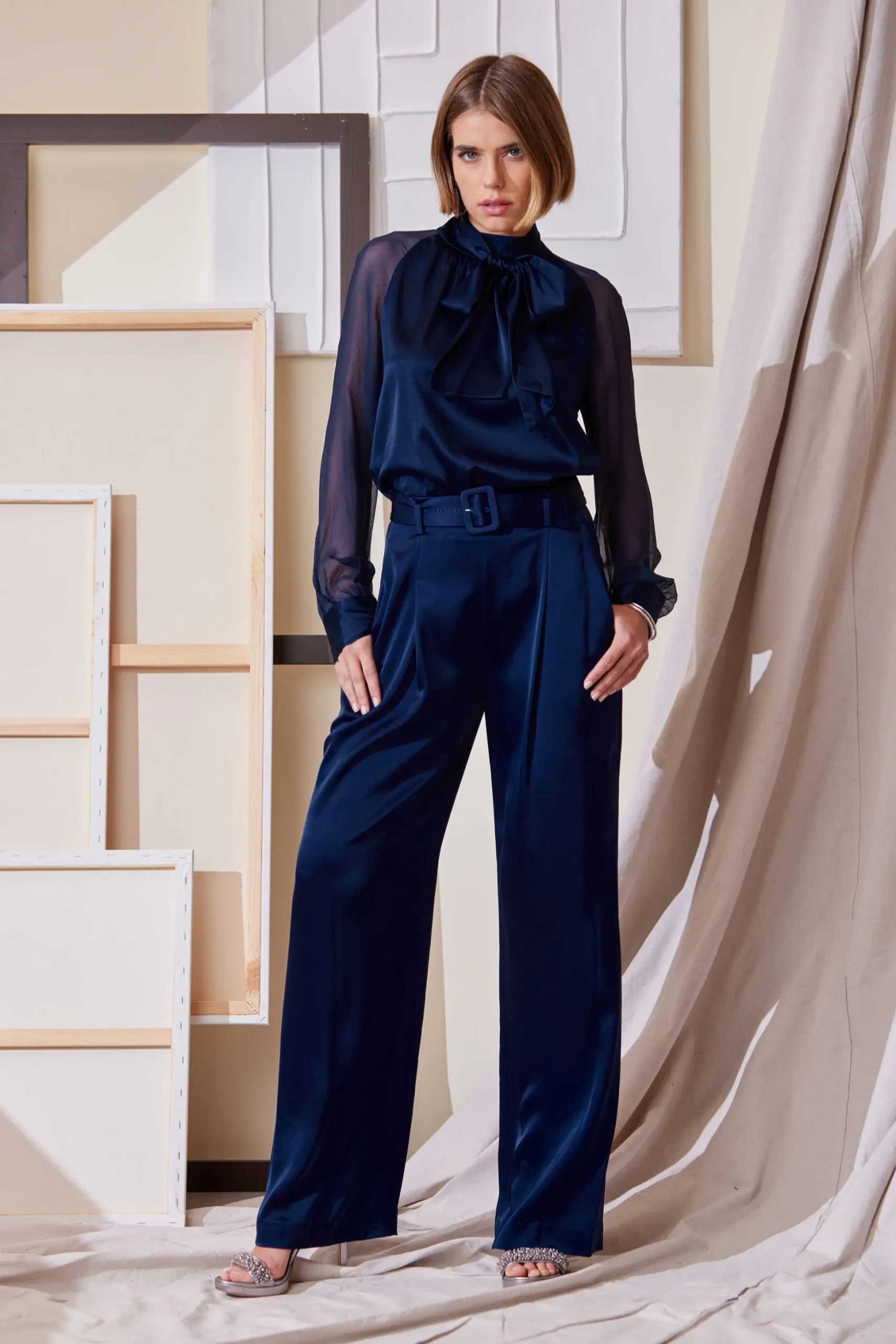 Elie Tahari Bottoms-Belted Satin Pleated Pant MIDNIGHT