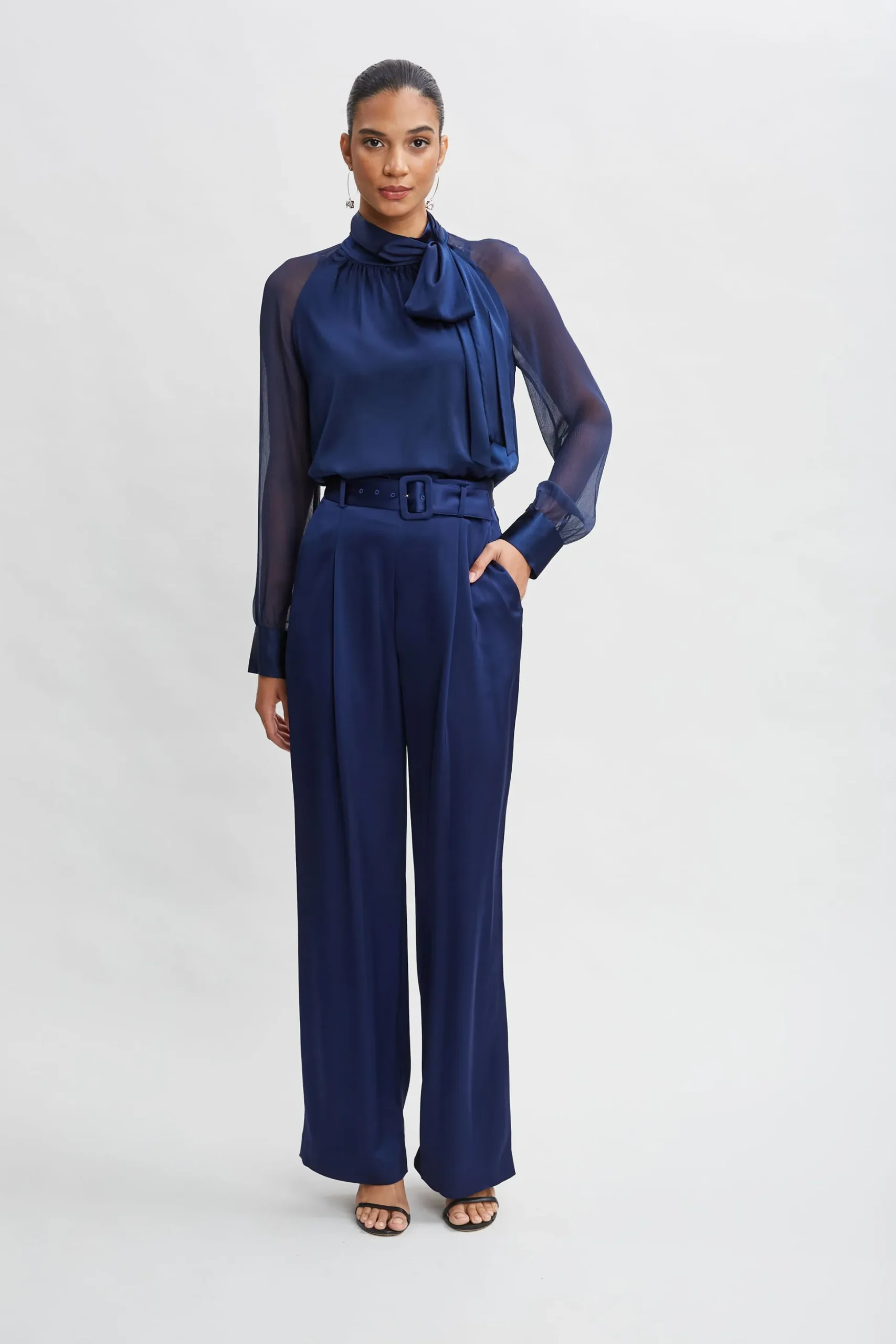 Elie Tahari Bottoms-Belted Satin Pleated Pant MIDNIGHT