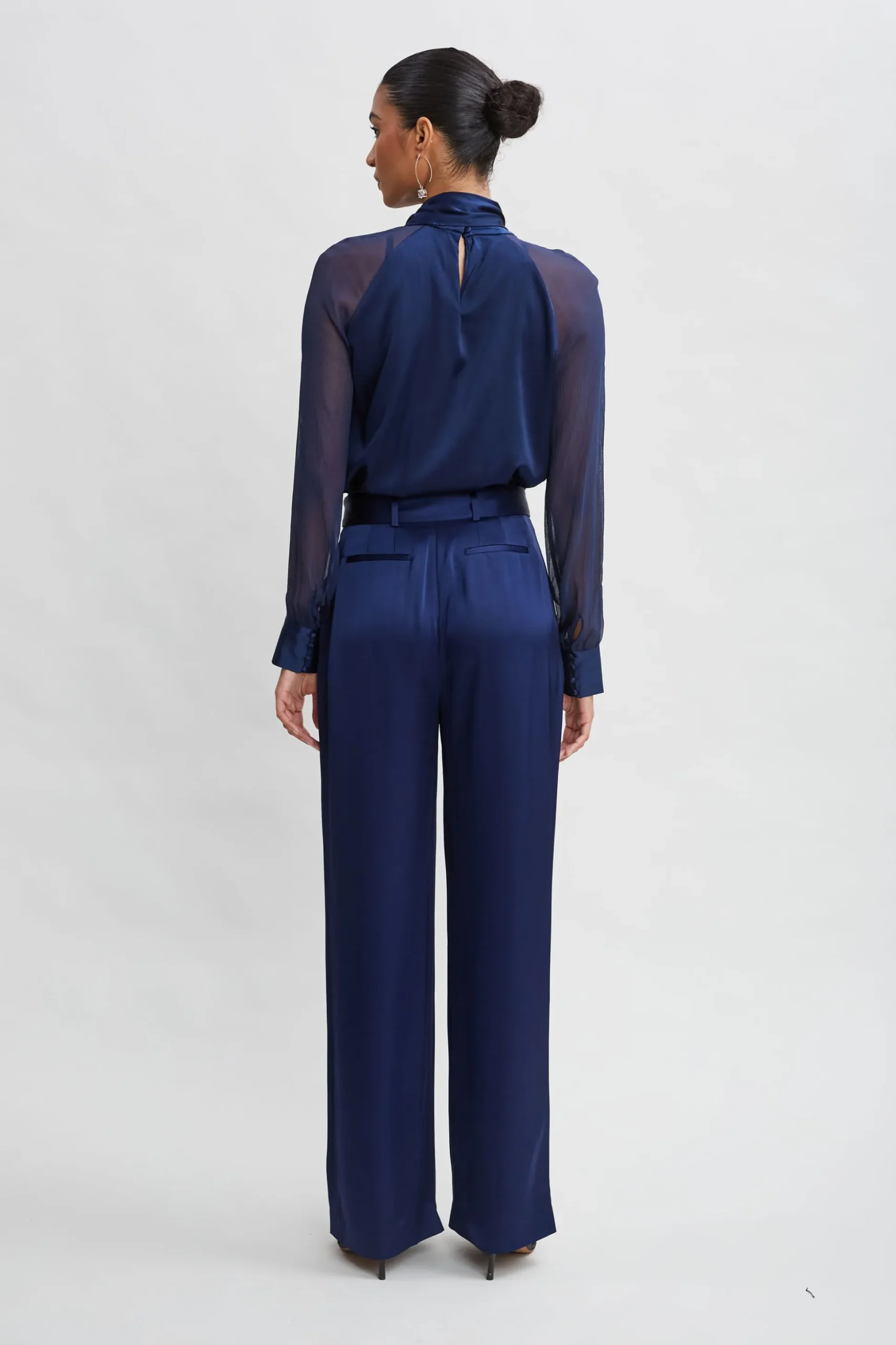 Elie Tahari Bottoms-Belted Satin Pleated Pant MIDNIGHT
