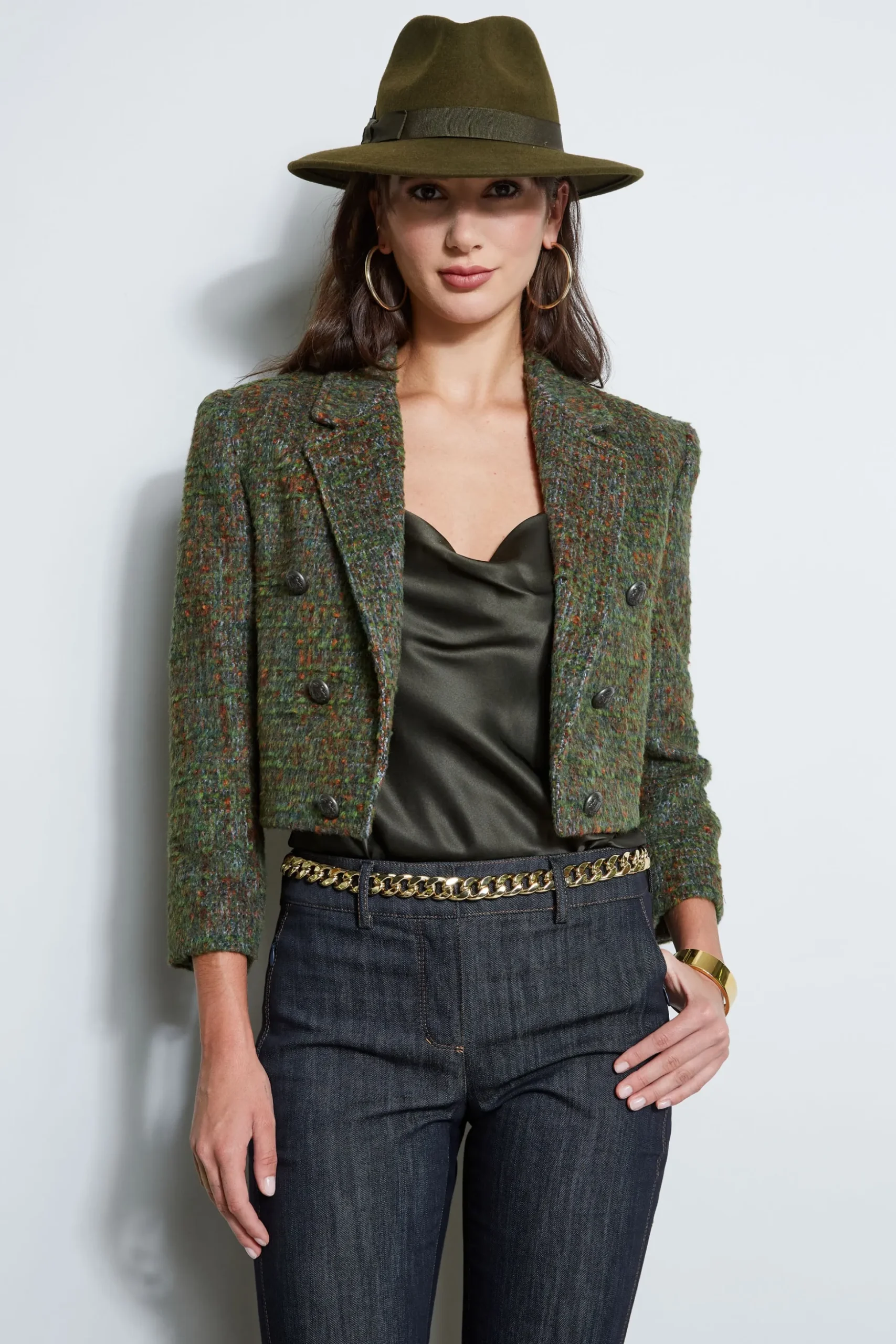 Elie Tahari Jackets & Blazers-Boucle Tweed Cropped Jacket OLIVEMULTI