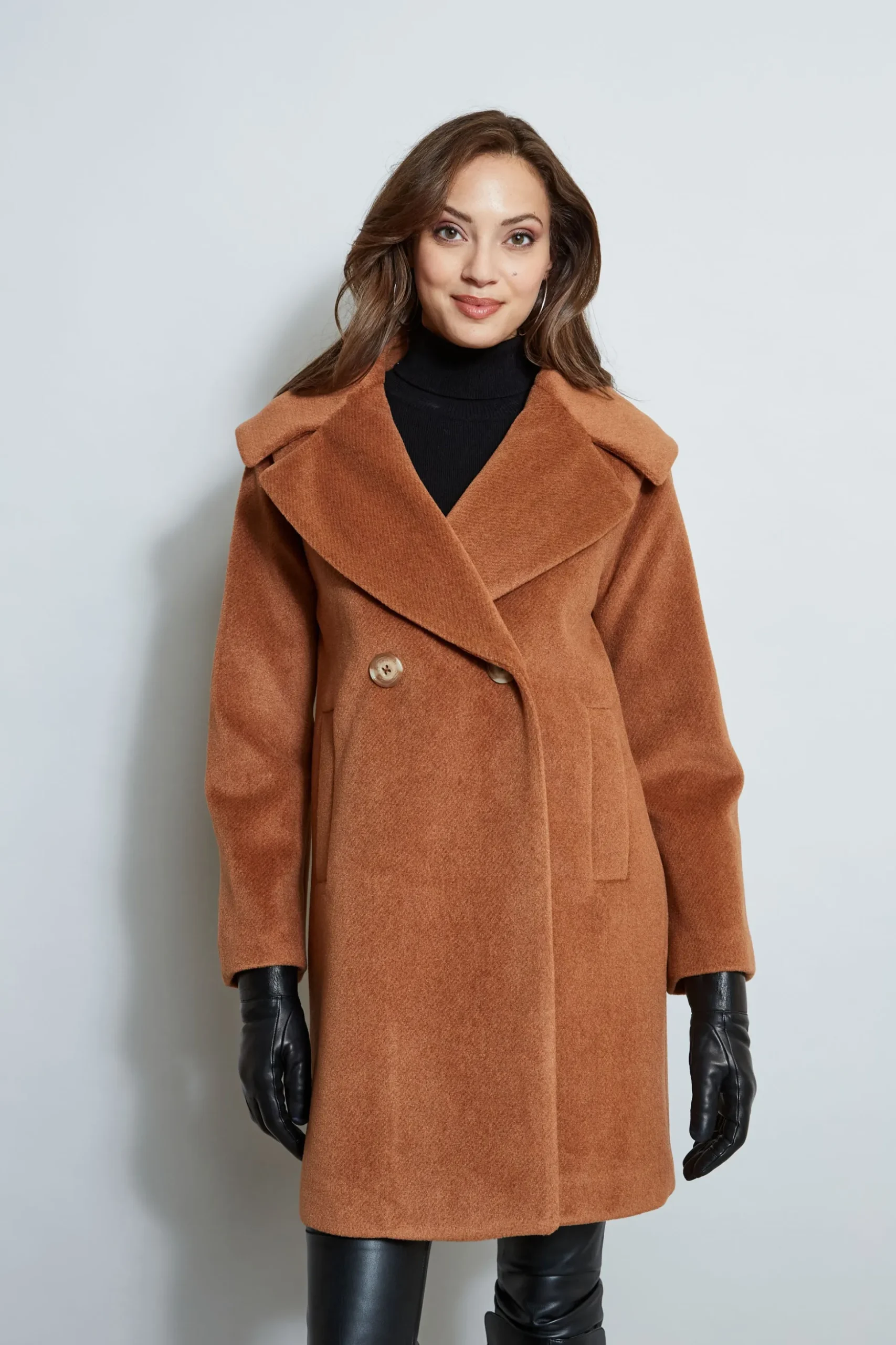 Elie Tahari Coats-Brushed Double Breasted Coat CARAMEL