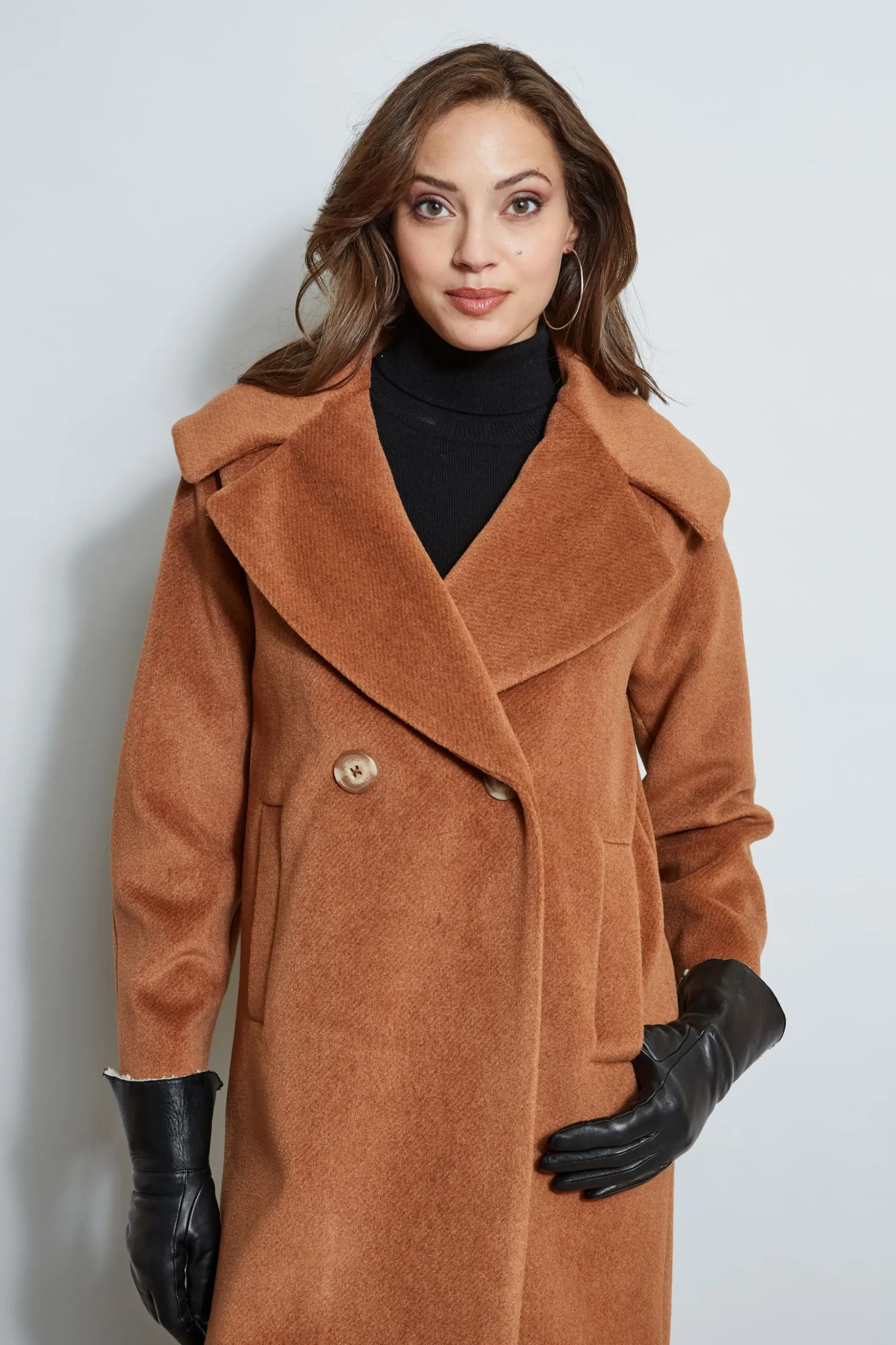 Elie Tahari Coats-Brushed Double Breasted Coat CARAMEL