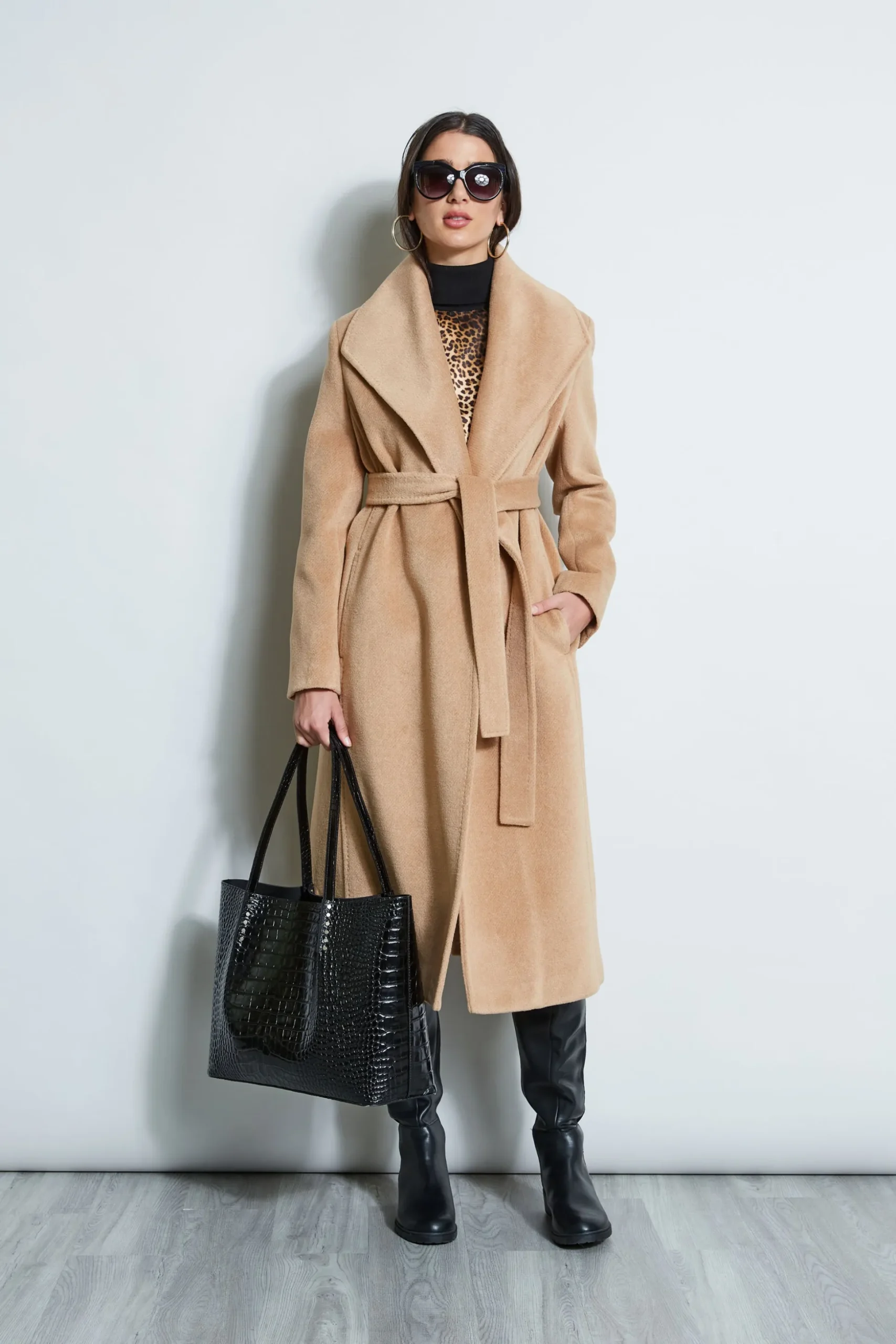 Elie Tahari Coats-Brushed Wrap Maxi Coat CAMEL