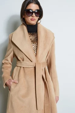 Elie Tahari Coats-Brushed Wrap Maxi Coat CAMEL