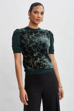 Elie Tahari Tops & Sweaters-Burnout Velvet Short Sleeve Sweater FORESTGREEN