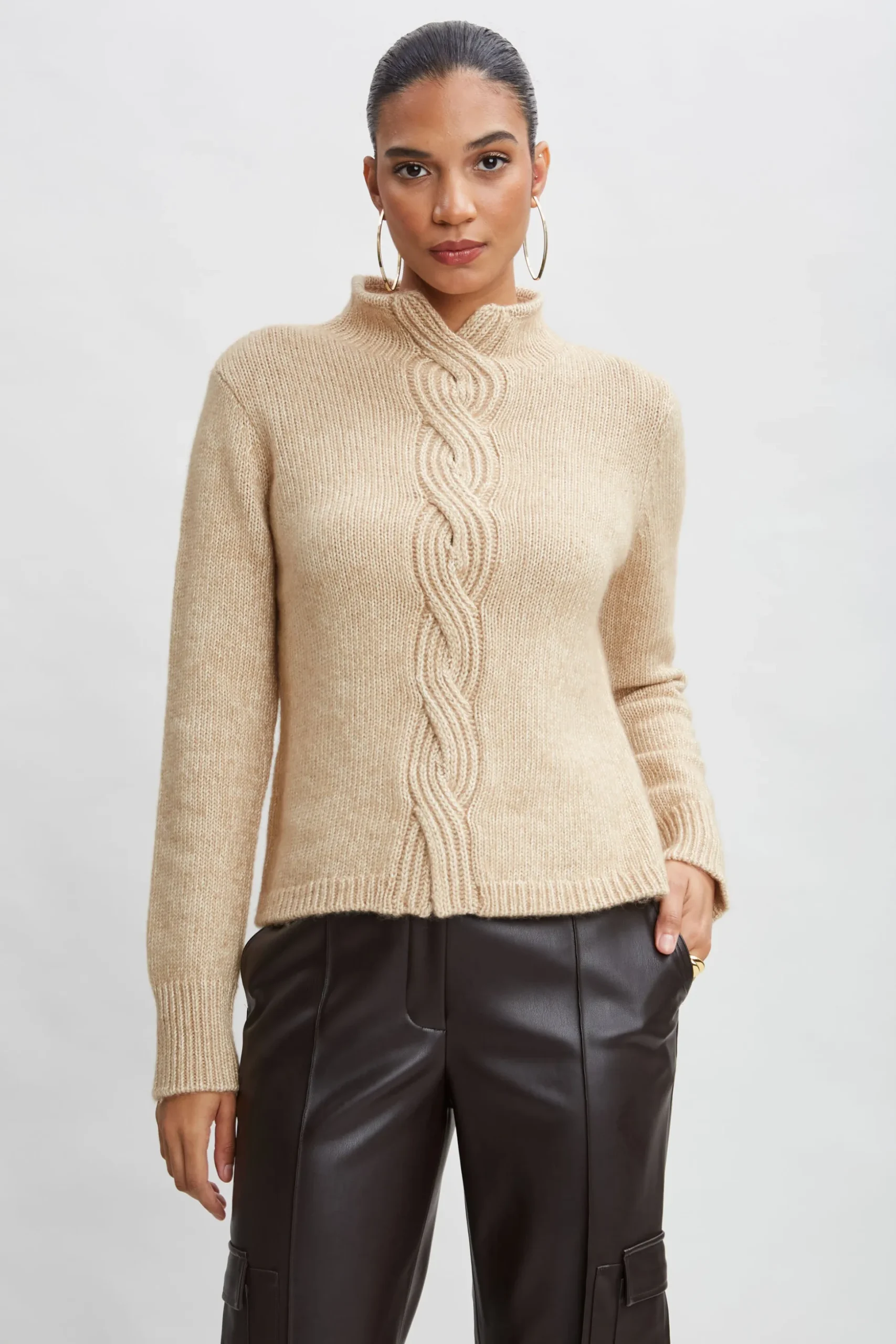 Elie Tahari Tops & Sweaters-Cable Front Cotton Merino Sweater TOFFEEMELANGE