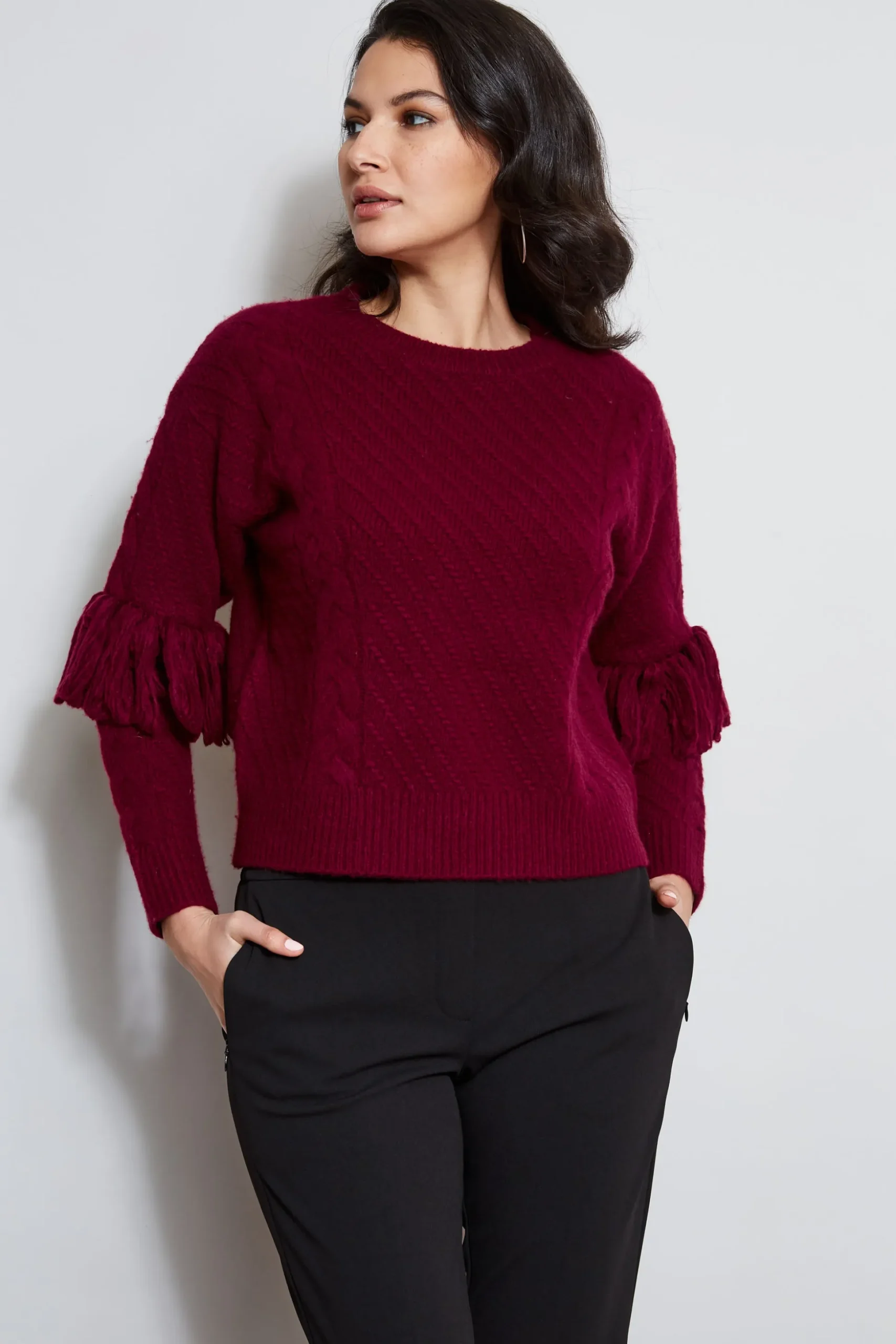 Elie Tahari Tops & Sweaters-Cable Knit Fringe Sweater MULBERRY