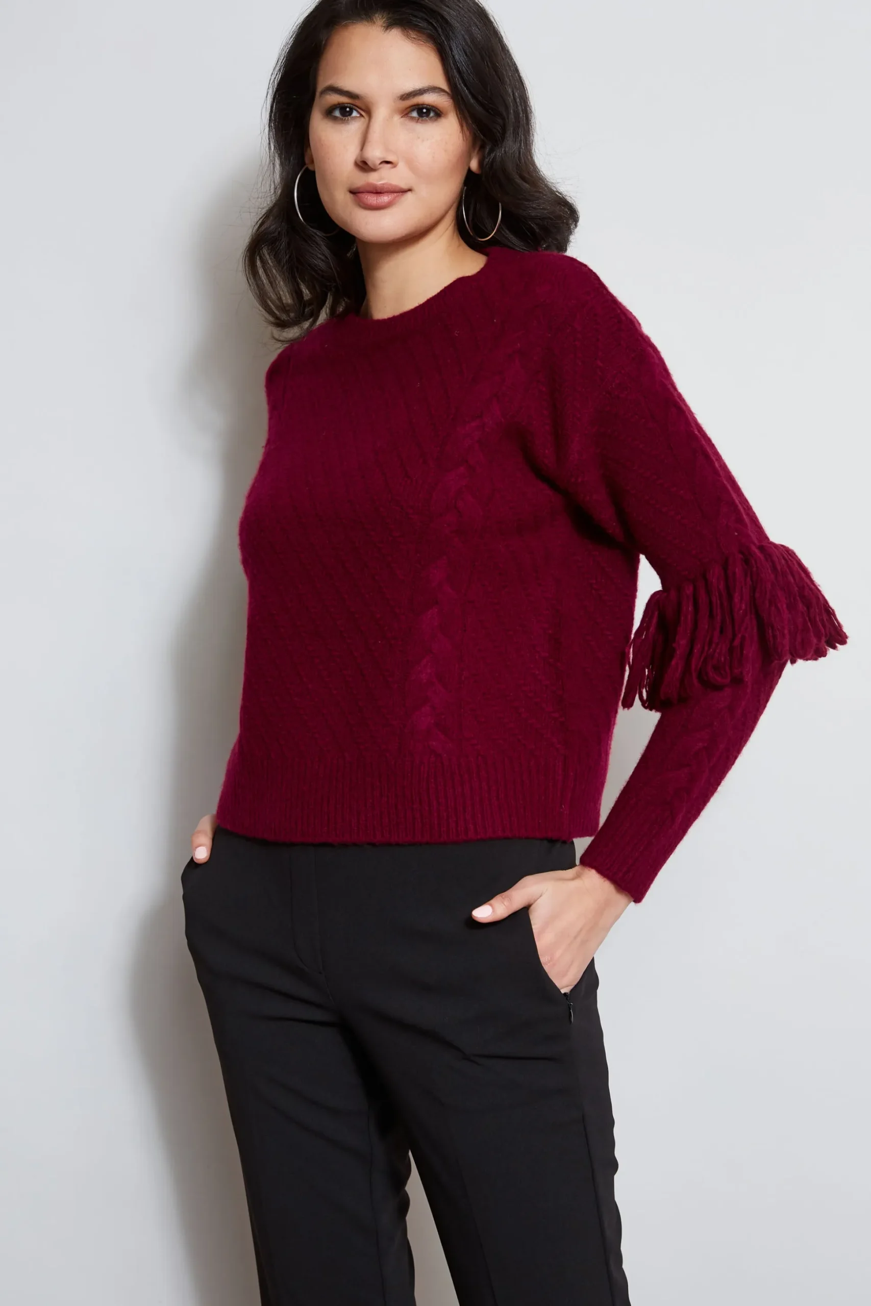 Elie Tahari Tops & Sweaters-Cable Knit Fringe Sweater MULBERRY