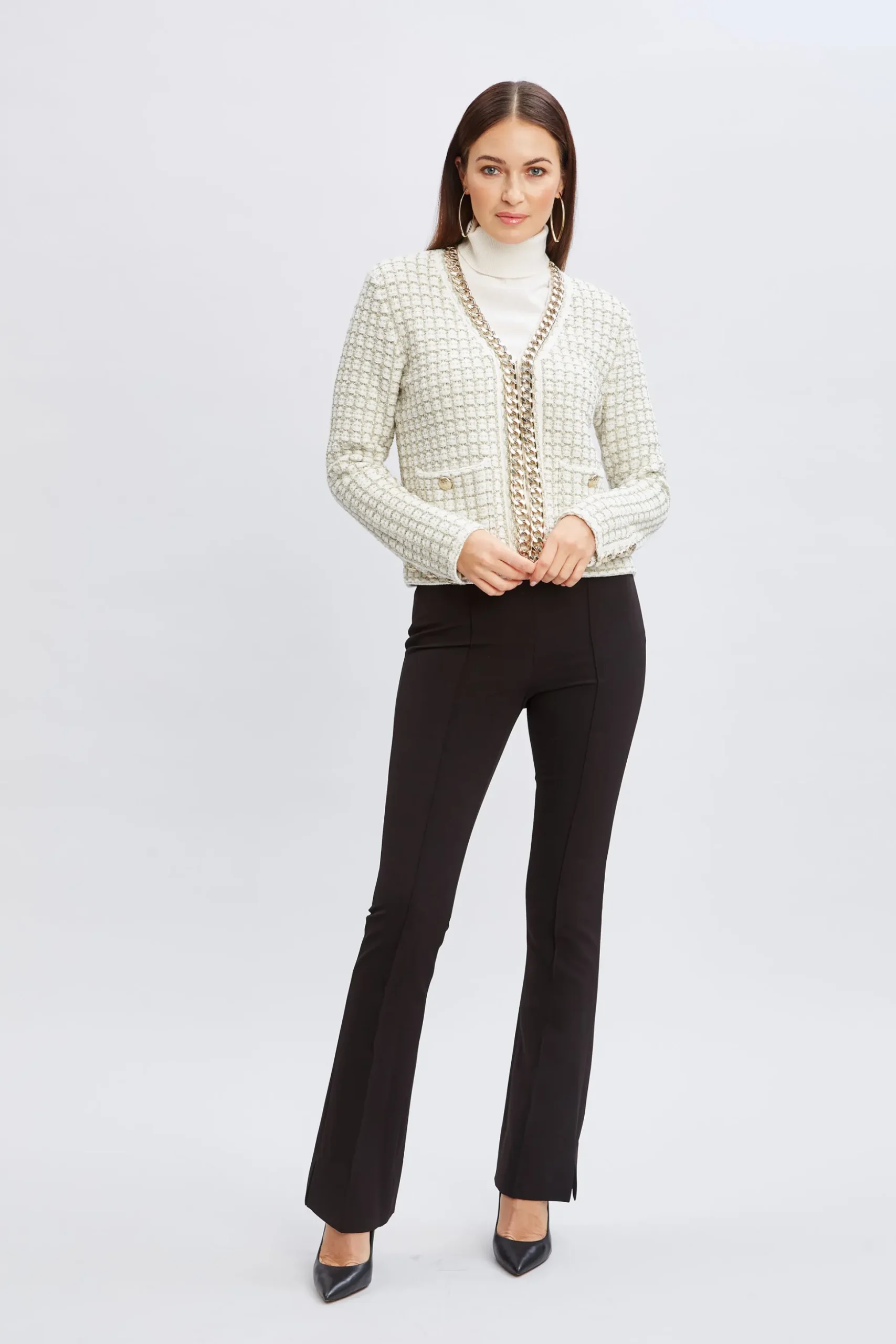 Elie Tahari Tops & Sweaters|Suiting-Chain Trim Metallic Cardigan IVORY/GOLDLUREX
