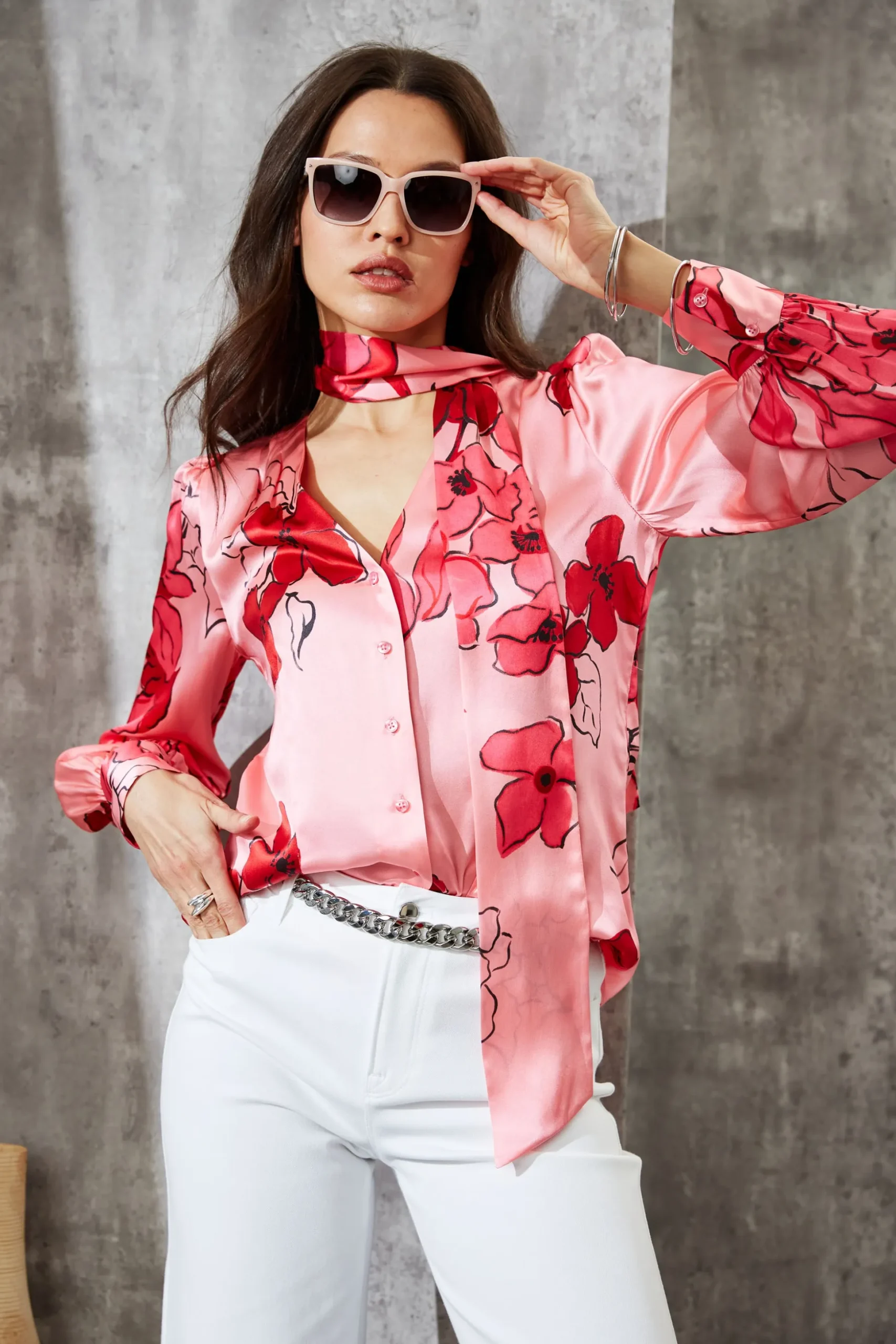 Elie Tahari Tops & Sweaters-Chelsea Floral Tie Neck Shirt WILDSTRAWBERRYMULTI