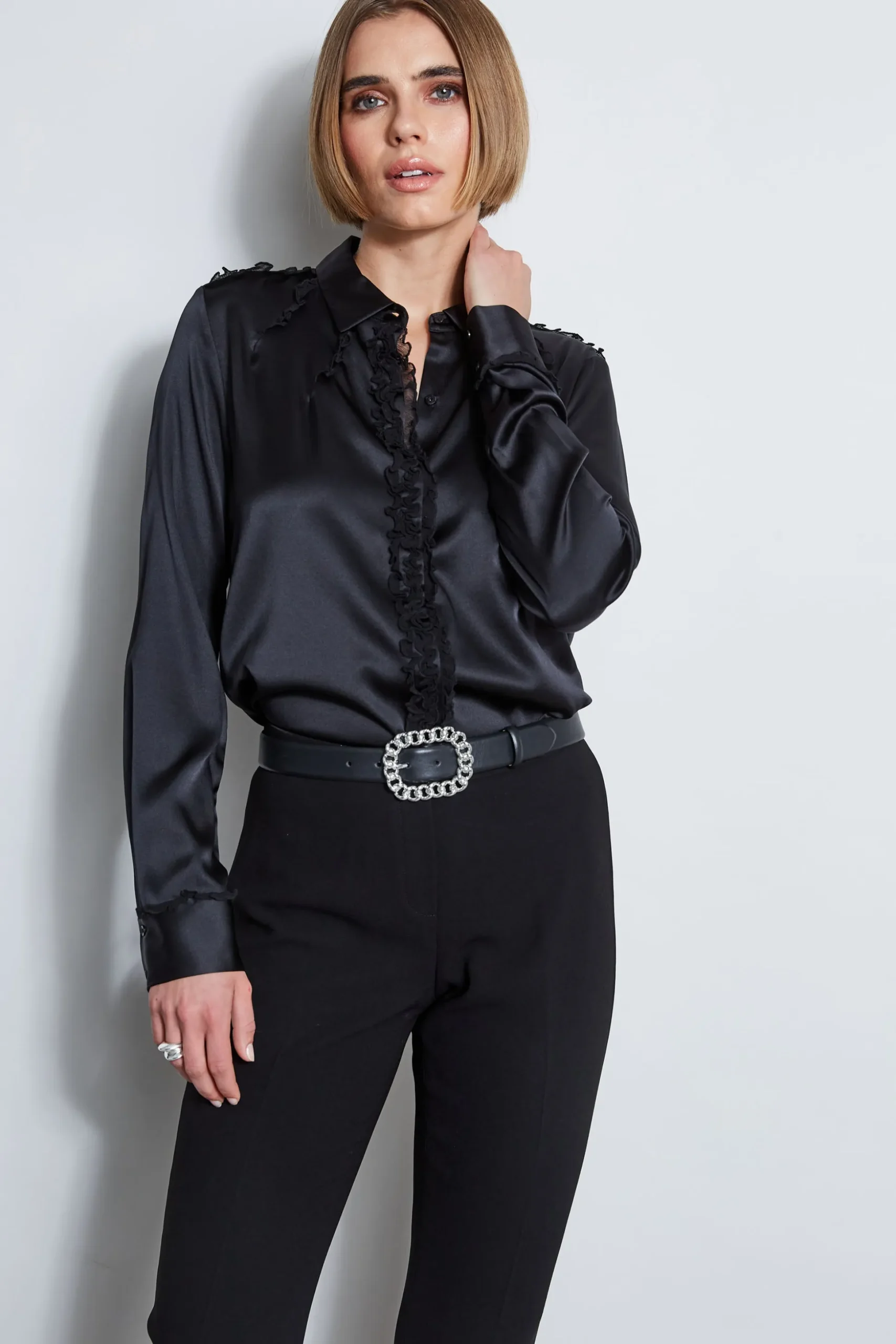 Elie Tahari Tops & Sweaters|Suiting-Chiffon Ruffle Silk Satin Shirt BLACK