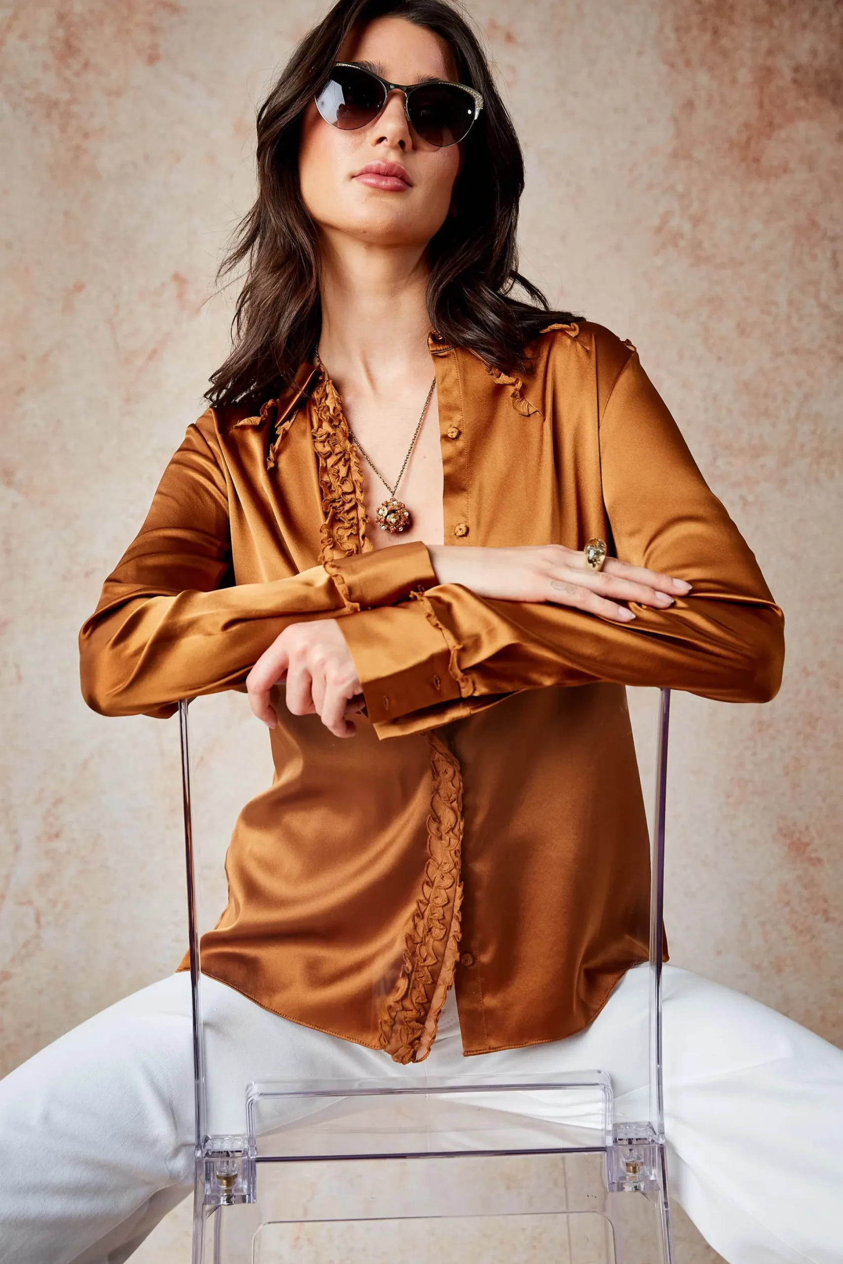 Elie Tahari Tops & Sweaters-Chiffon Ruffle Silk Satin Shirt COPPER