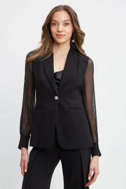 Elie Tahari Suiting|Jackets & Blazers-Chiffon Sleeve Jewel Button Blazer BLACK