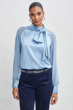 Elie Tahari Tops & Sweaters-Chiffon Sleeve Silk Satin Tie Shirt SKYBLUE