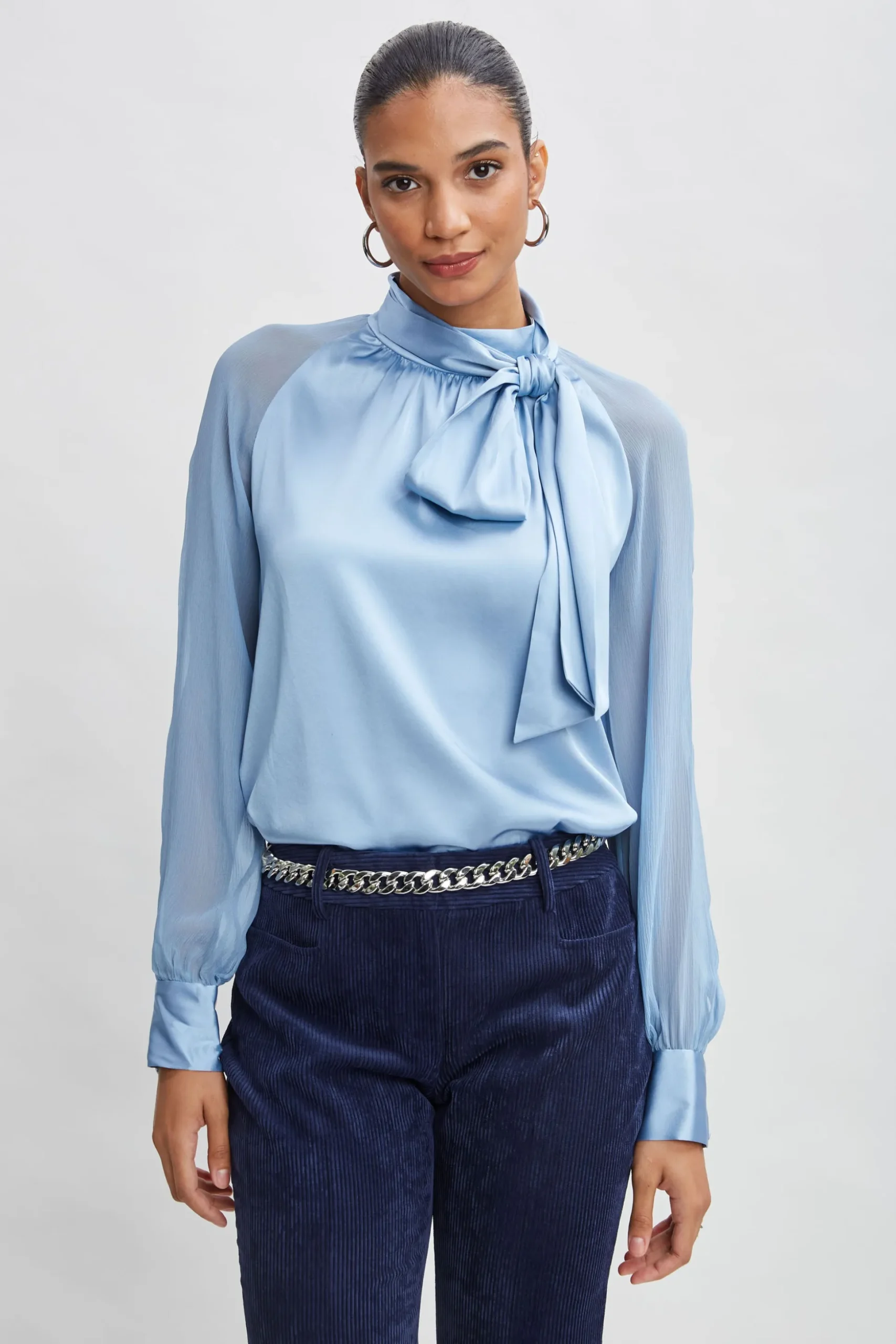 Elie Tahari Tops & Sweaters-Chiffon Sleeve Silk Satin Tie Shirt SKYBLUE