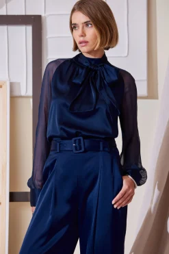 Elie Tahari Tops & Sweaters-Chiffon Sleeve Silk Satin Tie Shirt MIDNIGHT