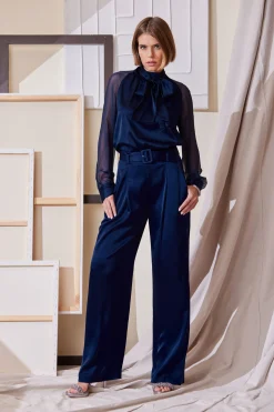 Elie Tahari Tops & Sweaters-Chiffon Sleeve Silk Satin Tie Shirt MIDNIGHT