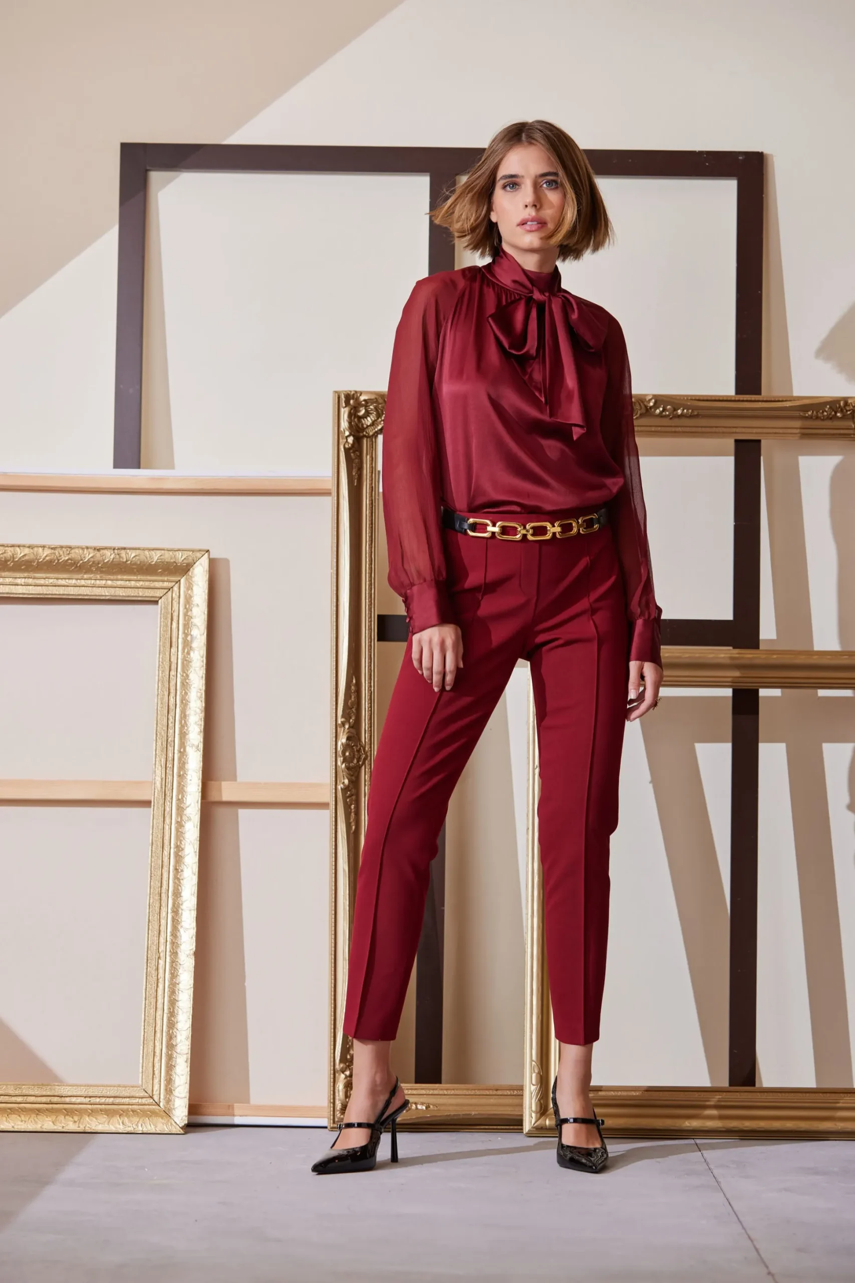Elie Tahari Tops & Sweaters|Suiting-Chiffon Sleeve Silk Satin Tie Shirt SANGRIA
