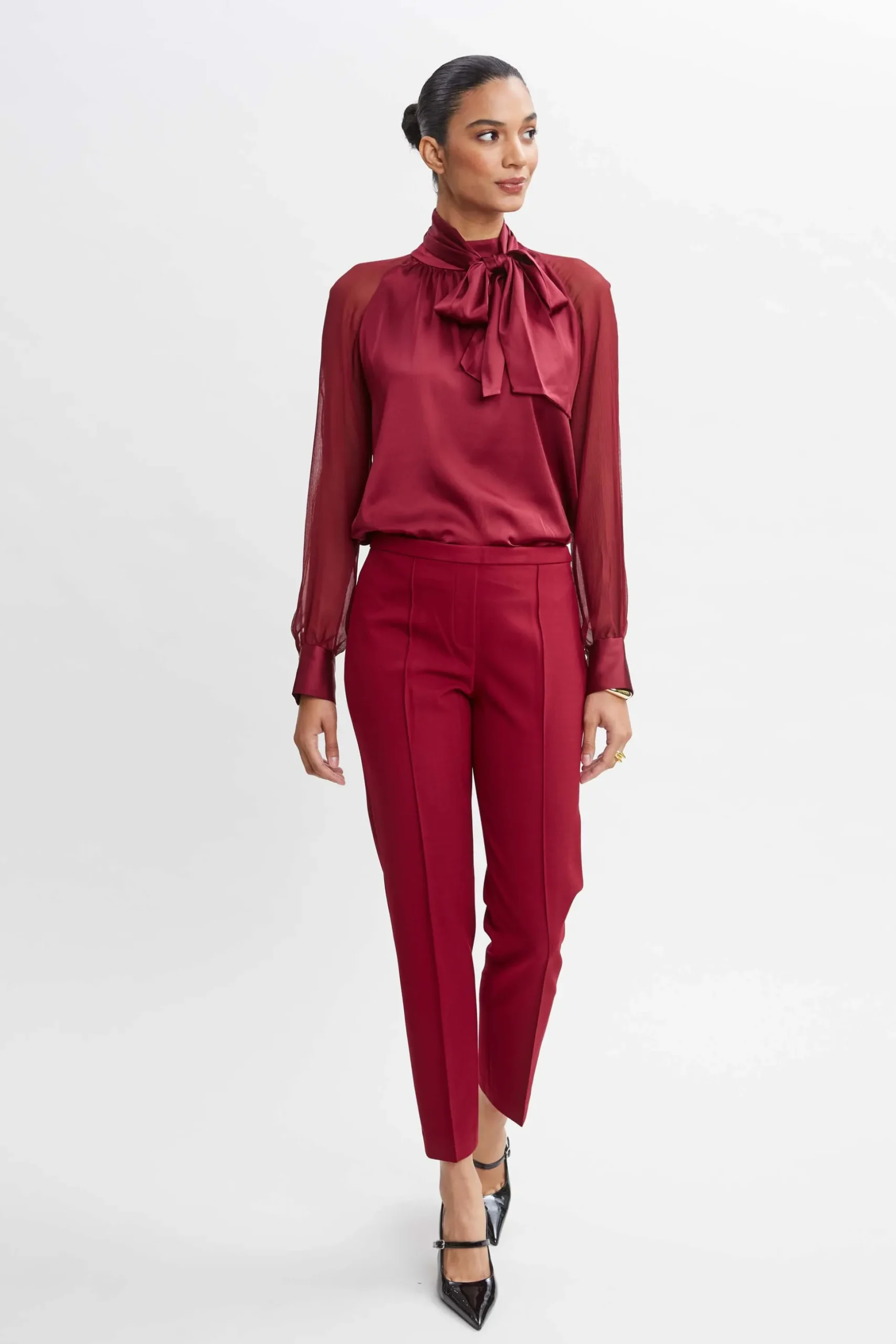 Elie Tahari Tops & Sweaters|Suiting-Chiffon Sleeve Silk Satin Tie Shirt SANGRIA