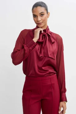 Elie Tahari Tops & Sweaters|Suiting-Chiffon Sleeve Silk Satin Tie Shirt SANGRIA