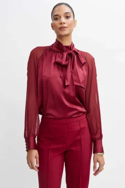 Elie Tahari Tops & Sweaters|Suiting-Chiffon Sleeve Silk Satin Tie Shirt SANGRIA