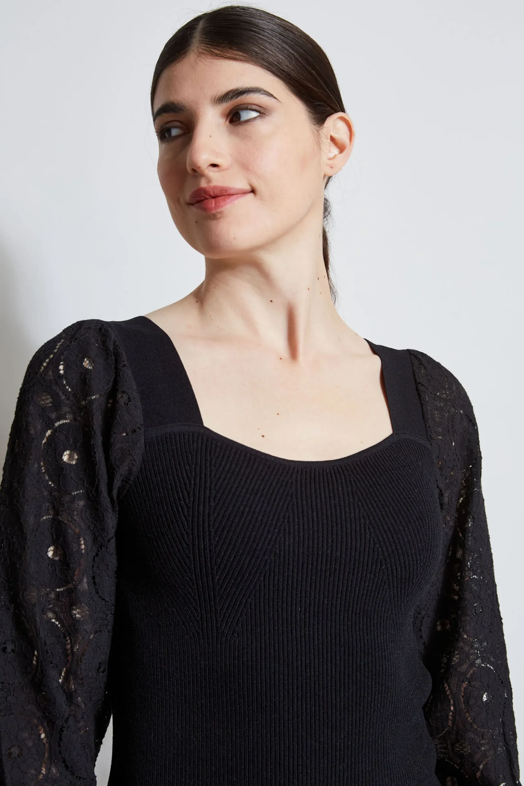 Elie Tahari Tops & Sweaters-Contour Neck Lace Sleeve Sweater NOIR