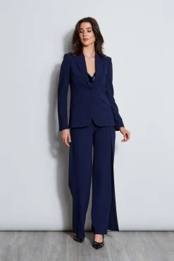 Elie Tahari Bottoms|Suiting-Crepe Overlay Slit Pant GALAXYNAVY