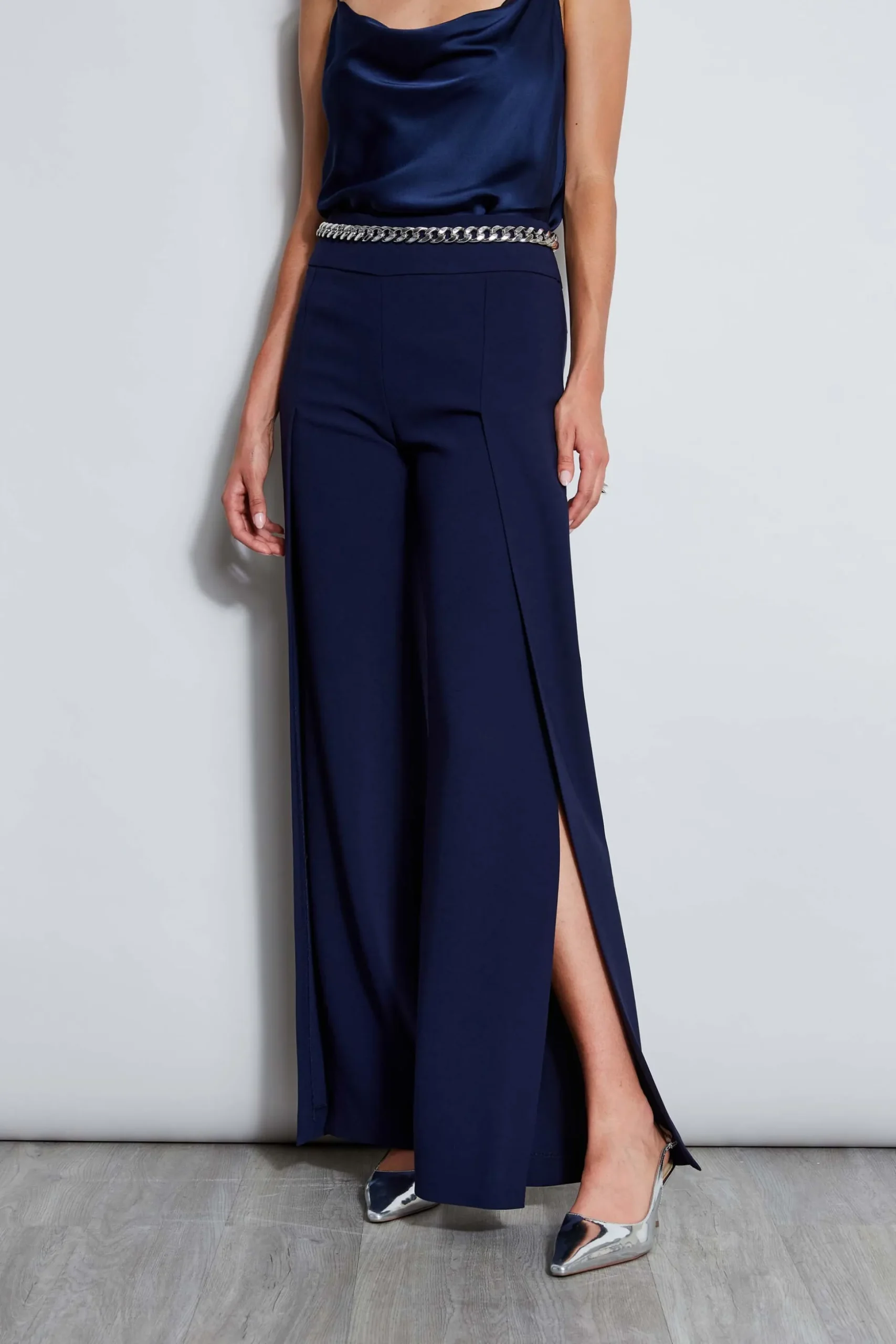 Elie Tahari Bottoms|Suiting-Crepe Overlay Slit Pant GALAXYNAVY