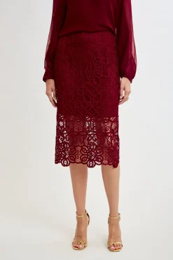Elie Tahari Bottoms-Crochet Lace Midi Skirt SANGRIA