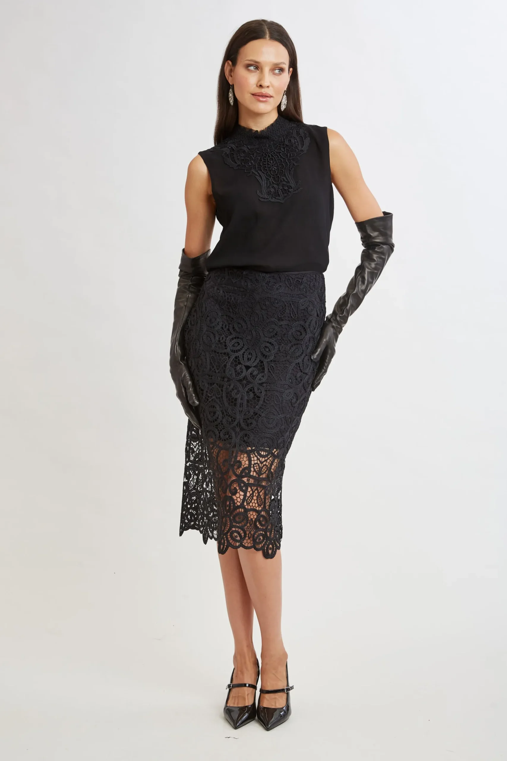 Elie Tahari Bottoms-Crochet Lace Midi Skirt BLACK