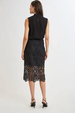 Elie Tahari Bottoms-Crochet Lace Midi Skirt BLACK