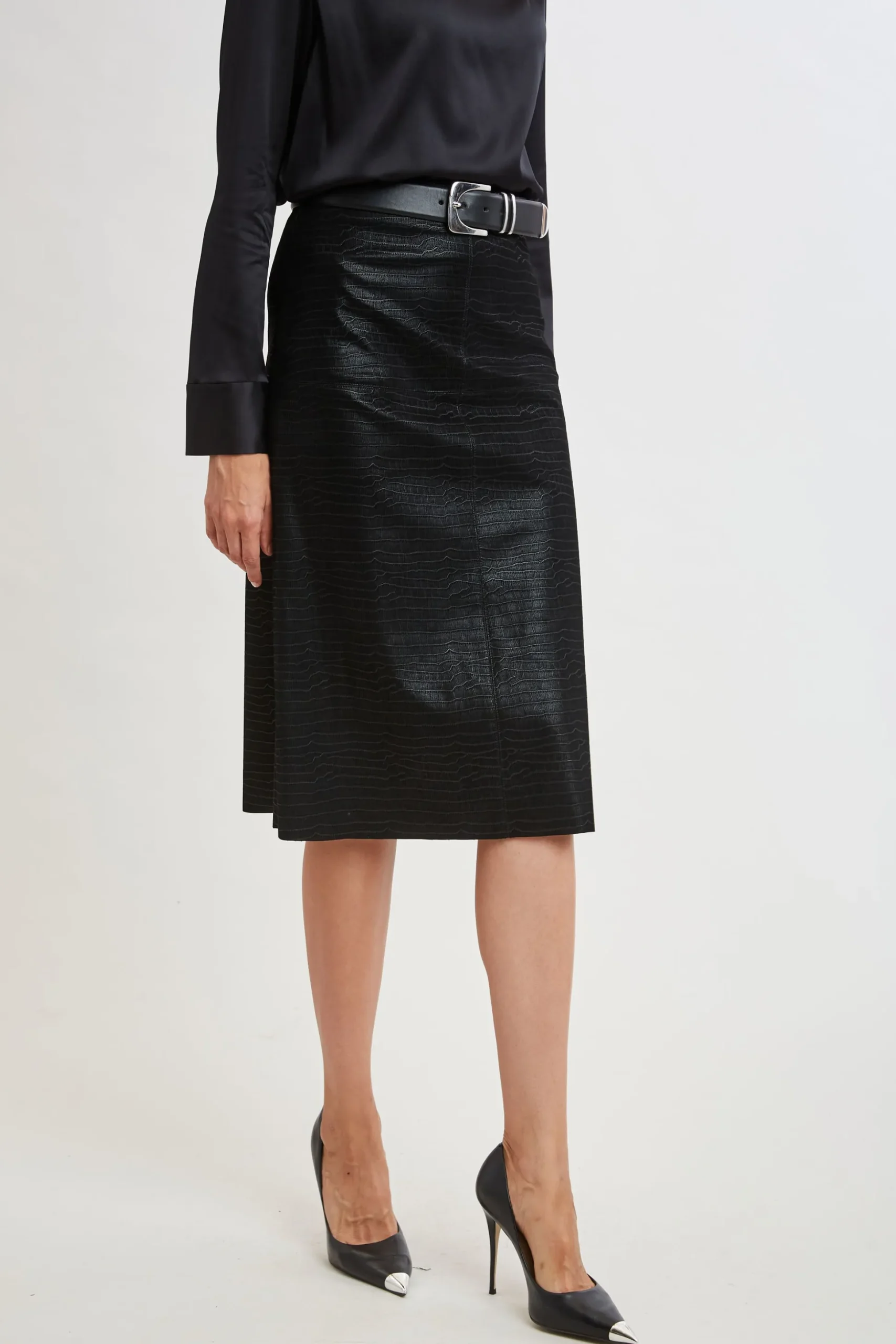 Elie Tahari Bottoms|Suiting-Croco Embossed Vegan Leather Midi Skirt BLACK