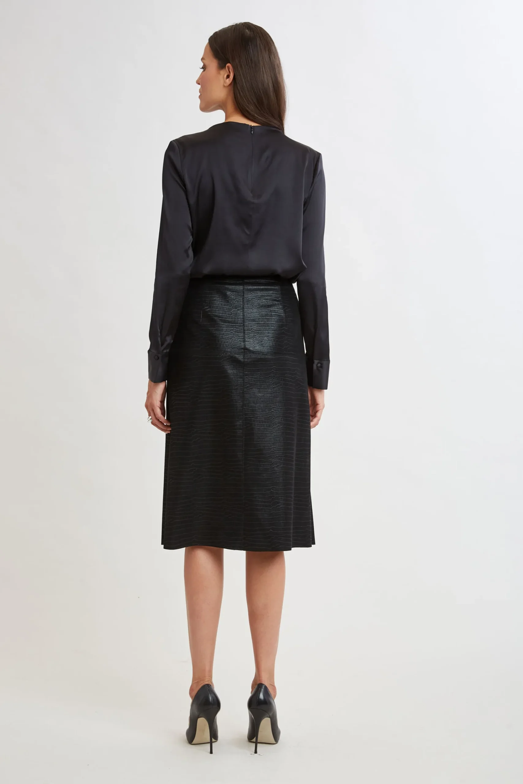 Elie Tahari Bottoms|Suiting-Croco Embossed Vegan Leather Midi Skirt BLACK