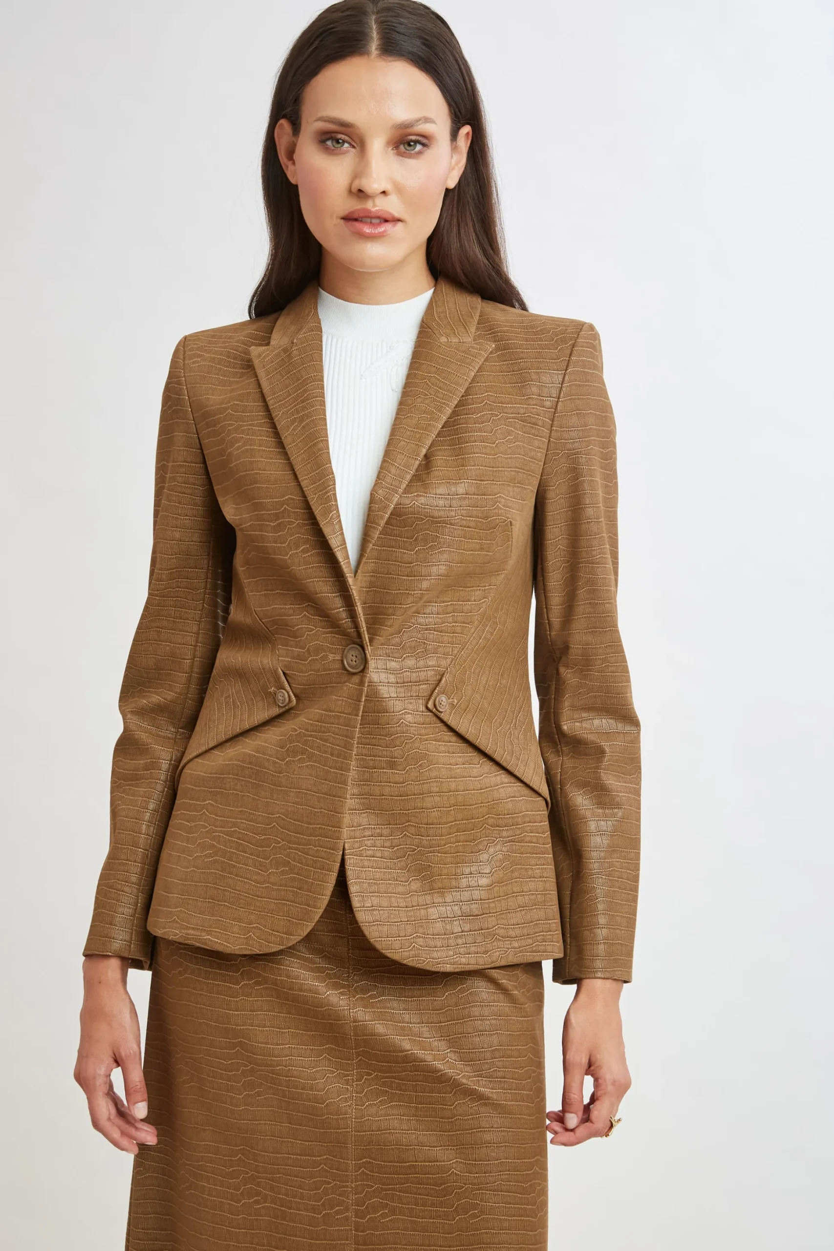 Elie Tahari Jackets & Blazers|Suiting-Croco Embossed Vegan Leather Panel Blazer CARAMEL