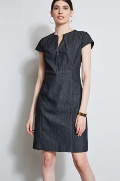 Elie Tahari Dresses & Jumpsuits|Short Sleeve Dresses-Denim Fit & Flare Zip Dress INDIGO