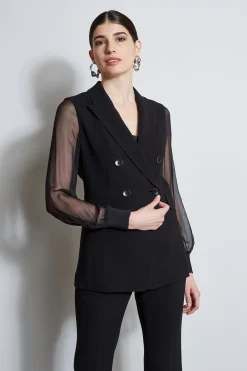 Elie Tahari Jackets & Blazers-Double Breasted Chiffon Sleeve Blazer BLACK