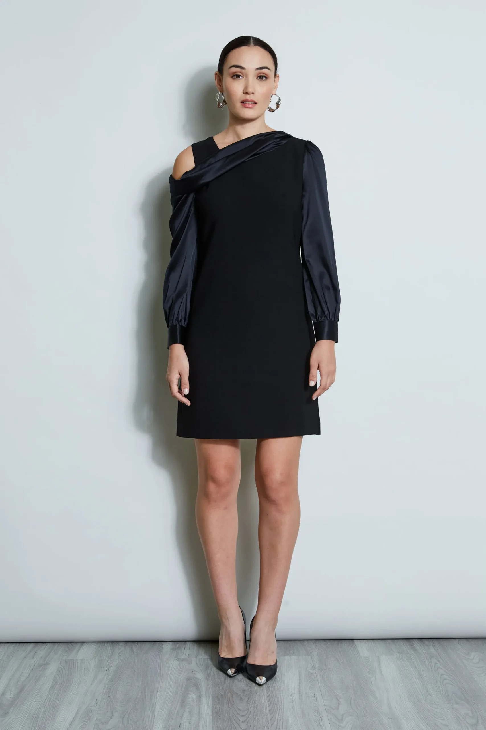 Elie Tahari Dresses & Jumpsuits|Long Sleeve Dresses-Draped Satin Shoulder Dress BLACK