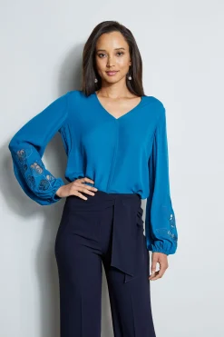 Elie Tahari Tops & Sweaters-Embroidered Long Sleeve Shirt PACIFICBLUE